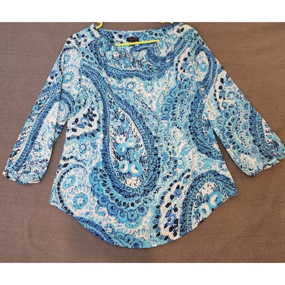 Talbots Blue White Paisley V Neck Chiffon Long‎ Sleeve Blouse Top Womens Size S